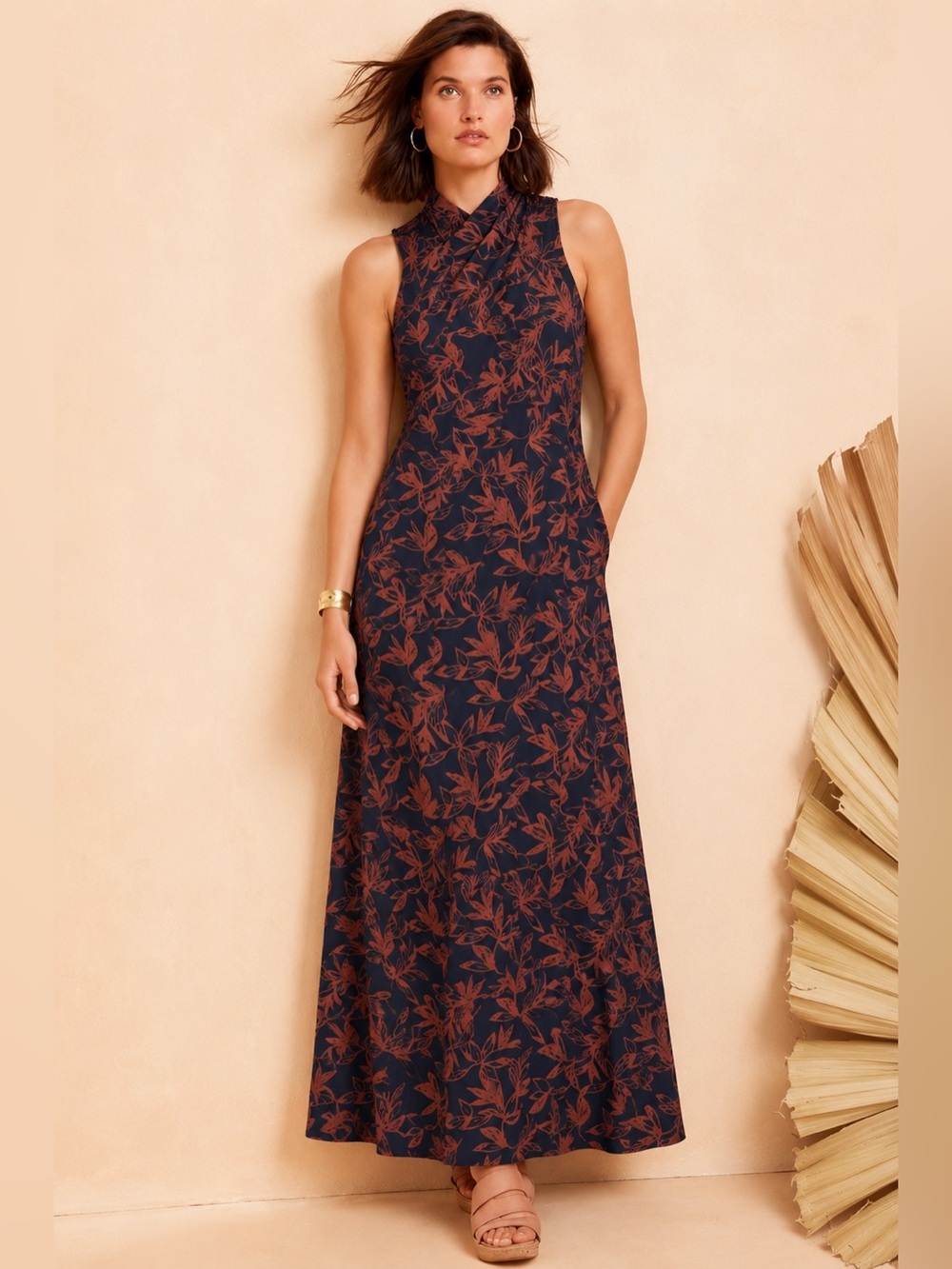 NWT Garnet Hill TENCEL Lyocell Floral Mock Neck Maxi Dress M Pockets - Picture 3 of 16